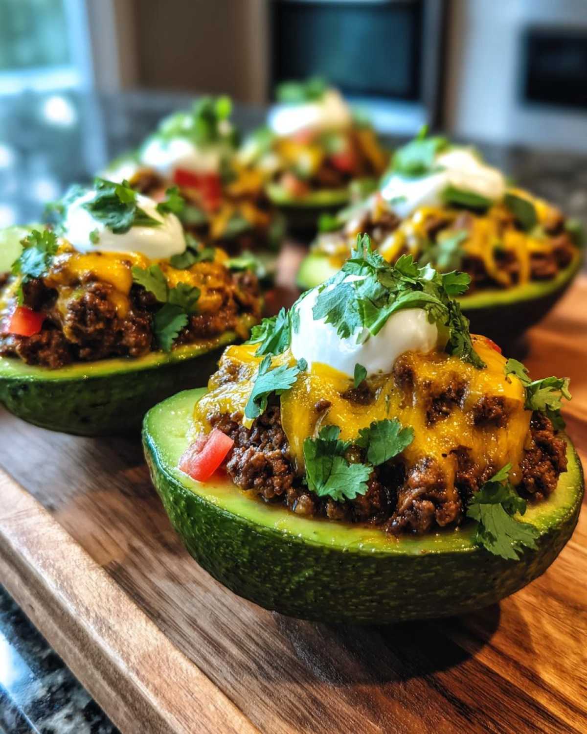 Four Keto Taco Stuffed Avocados filled with seasoned ground beef, melted cheese, sour cream, and cilantro.