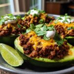 Four halves of Keto Taco Stuffed Avocados filled with seasoned ground meat, cheese, sour cream, and cilantro.
