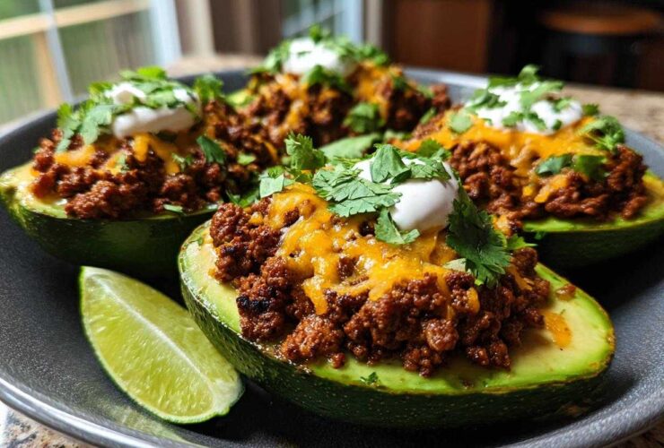 Four halves of Keto Taco Stuffed Avocados filled with seasoned ground meat, cheese, sour cream, and cilantro.