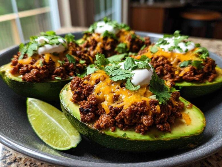 Four halves of Keto Taco Stuffed Avocados filled with seasoned ground meat, cheese, sour cream, and cilantro.