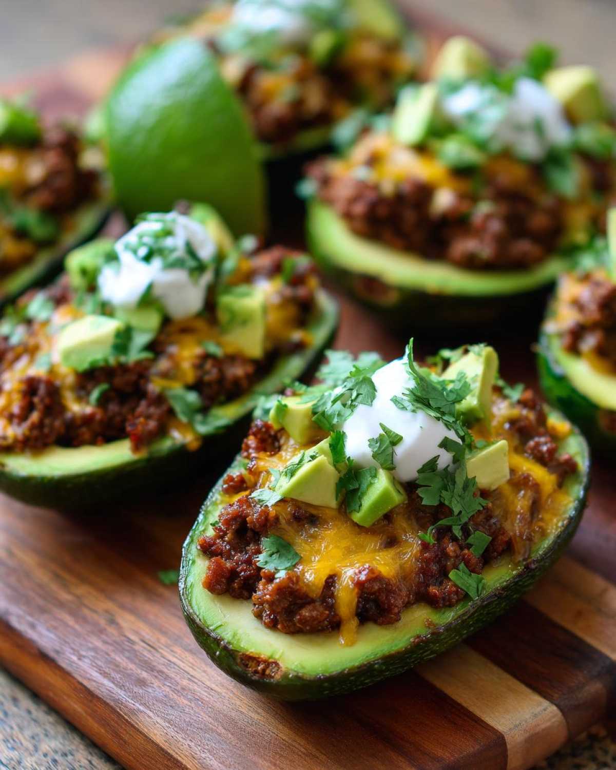 Close-up of Keto Taco Stuffed Avocados filled with seasoned ground beef, melted cheese, and topped with sour cream and avocado chunks.