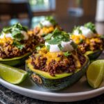 Four halves of Keto Taco Stuffed Avocados filled with seasoned ground meat, melted cheese, sour cream, and cilantro.