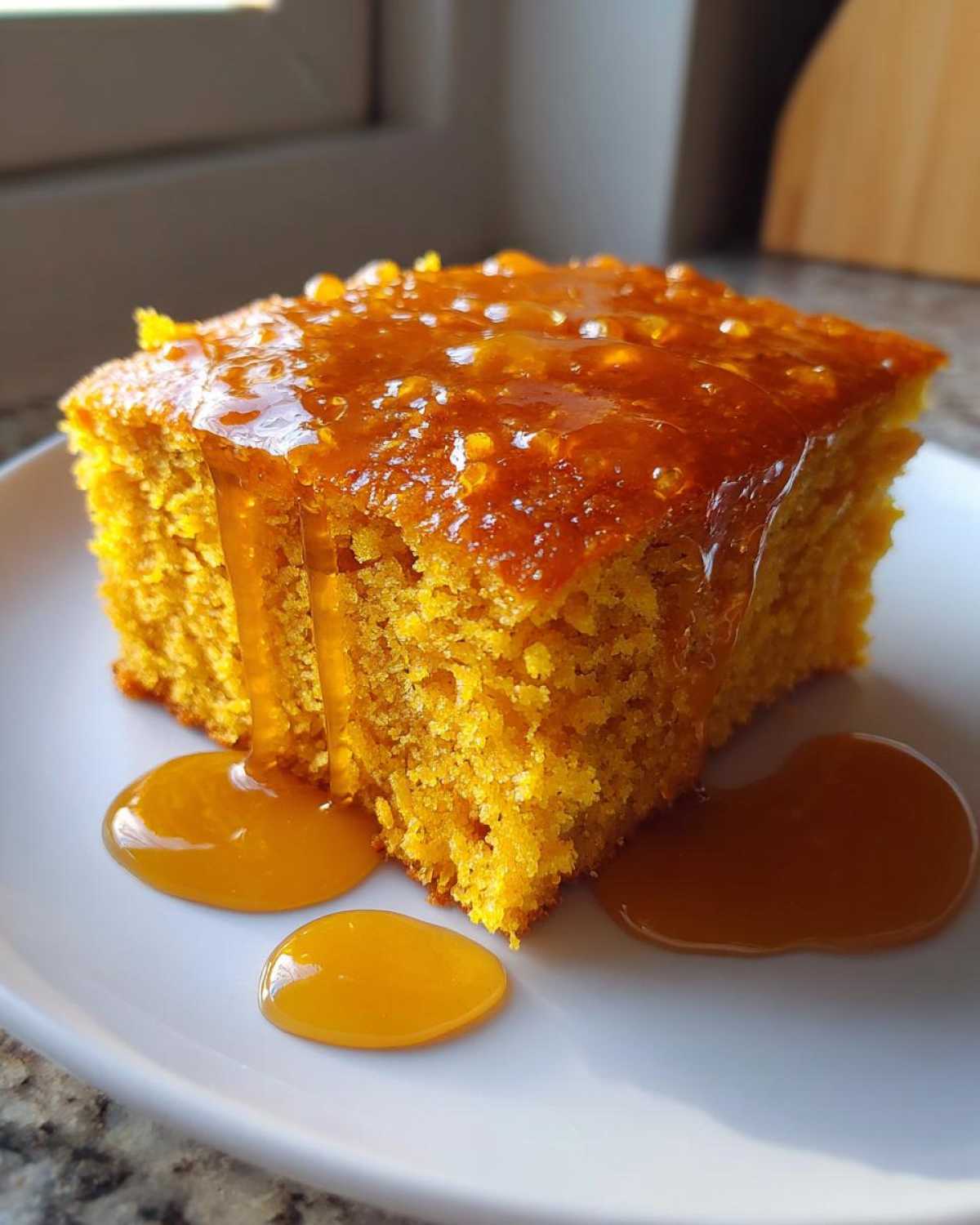 A square slice of vibrant orange sweet potato cornbread topped with a thick, dripping sweet glaze.