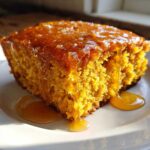 Close-up of a moist slice of sweet potato cornbread dripping with golden glaze on a white plate.