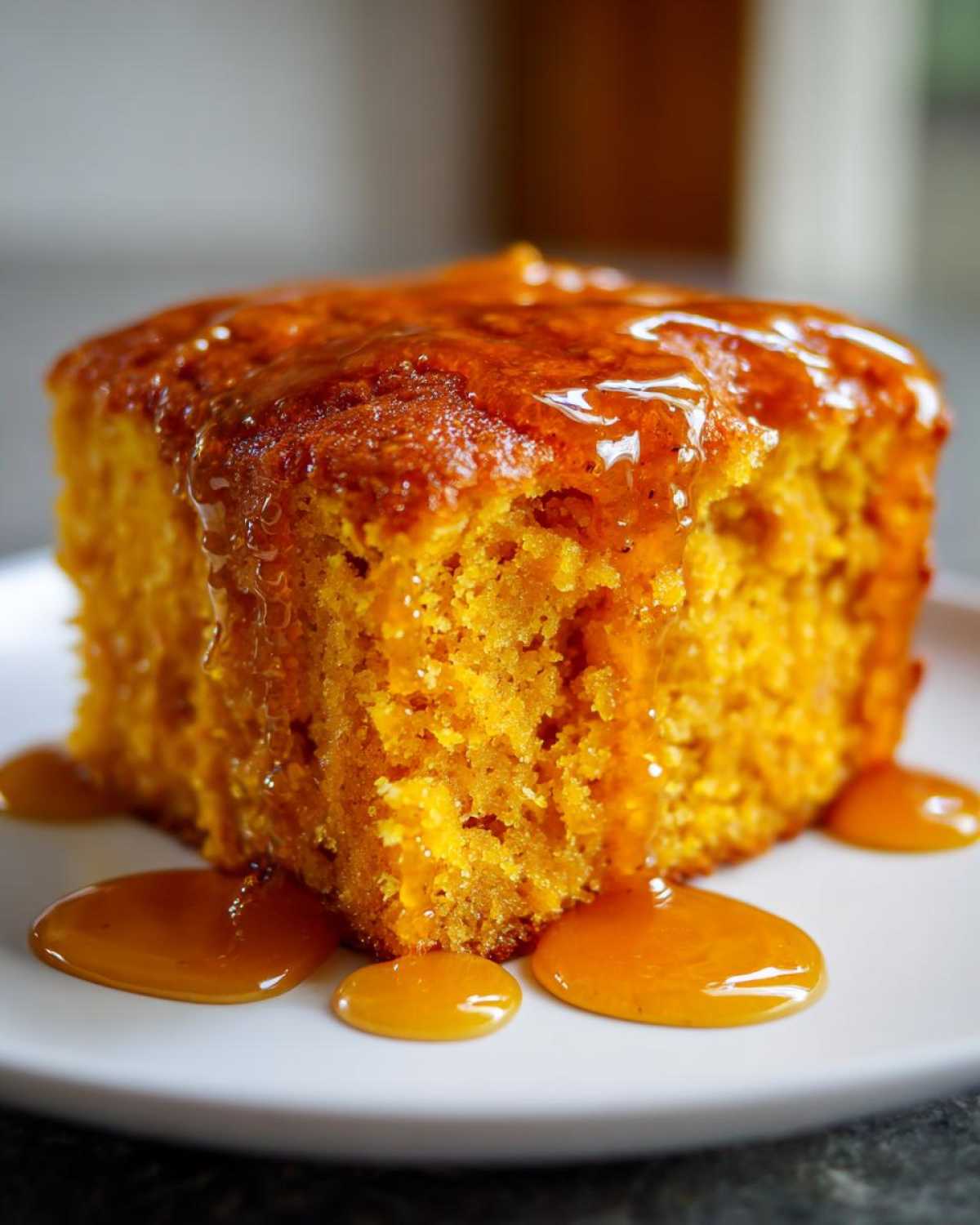 Close-up of a square slice of moist, orange sweet potato cornbread topped with dripping caramel glaze.