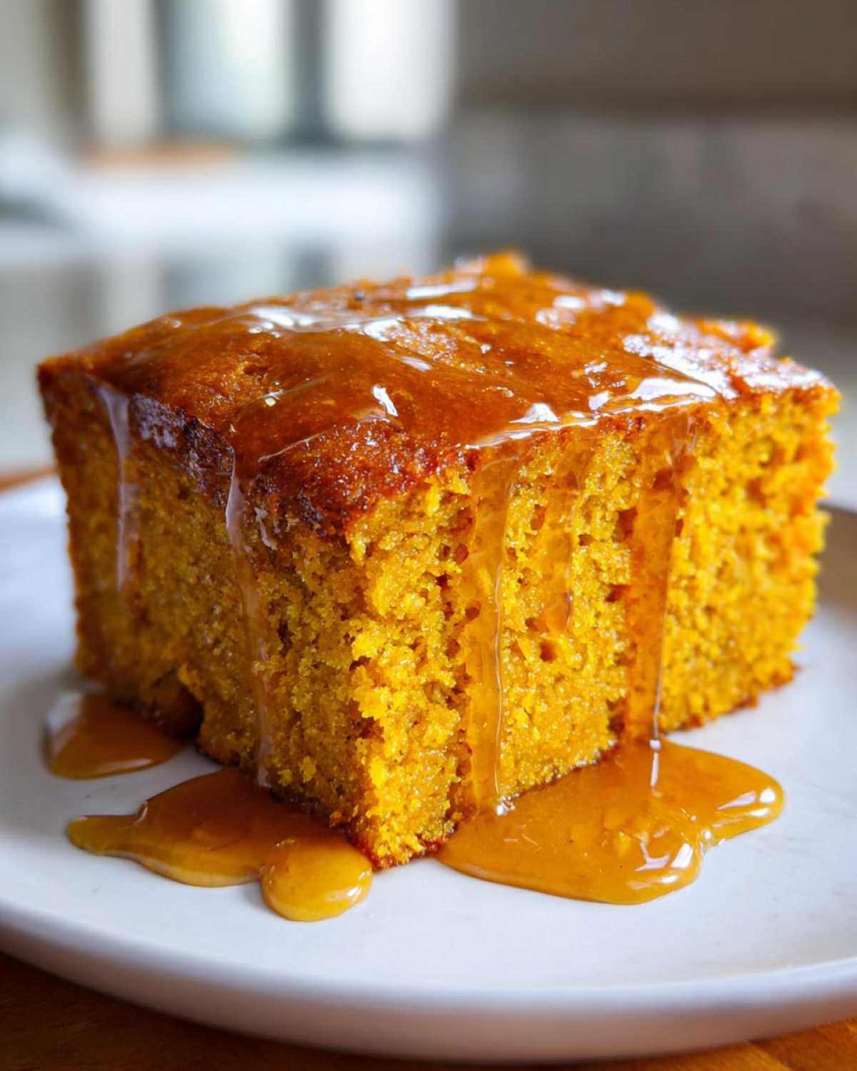 Close-up of a square slice of moist sweet potato cornbread drizzled heavily with a thick, amber glaze.