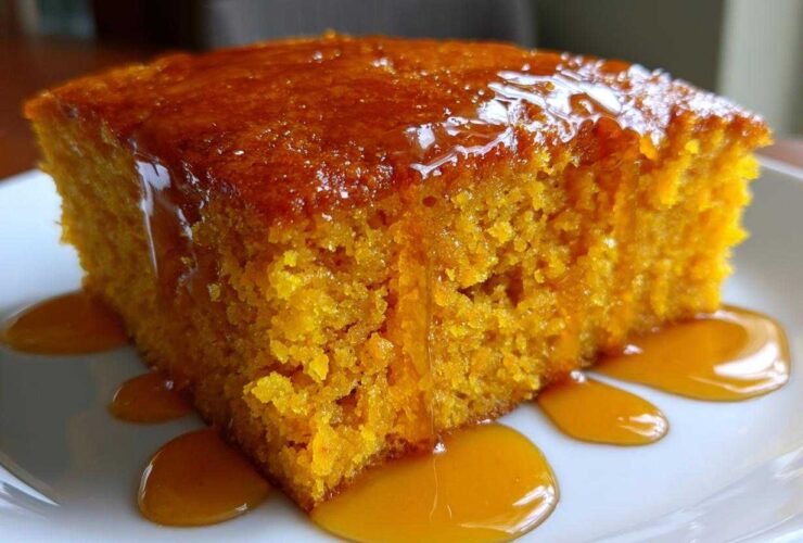 Close-up of a moist slice of bright orange sweet potato cornbread topped with a shiny, dripping glaze.