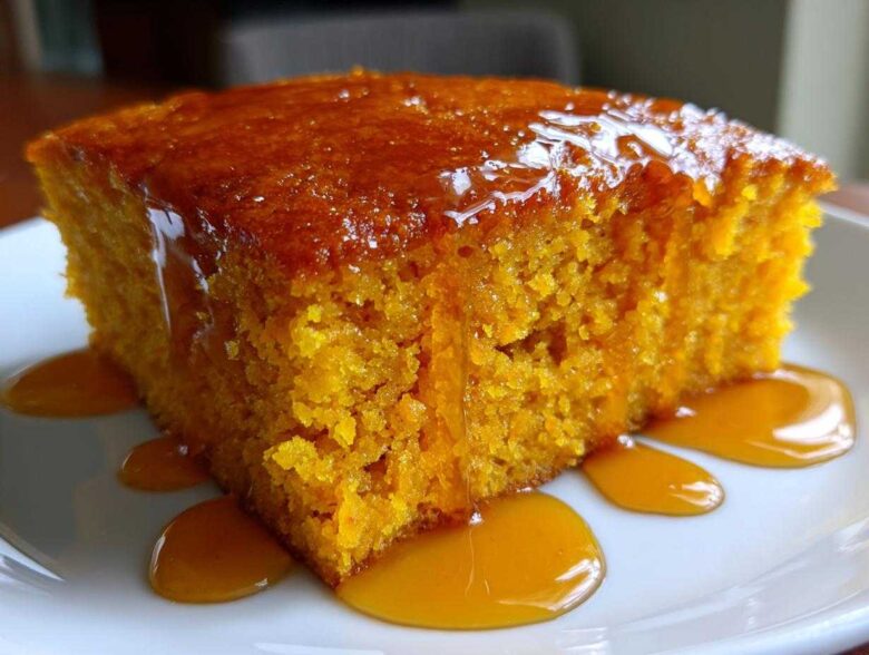 Close-up of a moist slice of bright orange sweet potato cornbread topped with a shiny, dripping glaze.