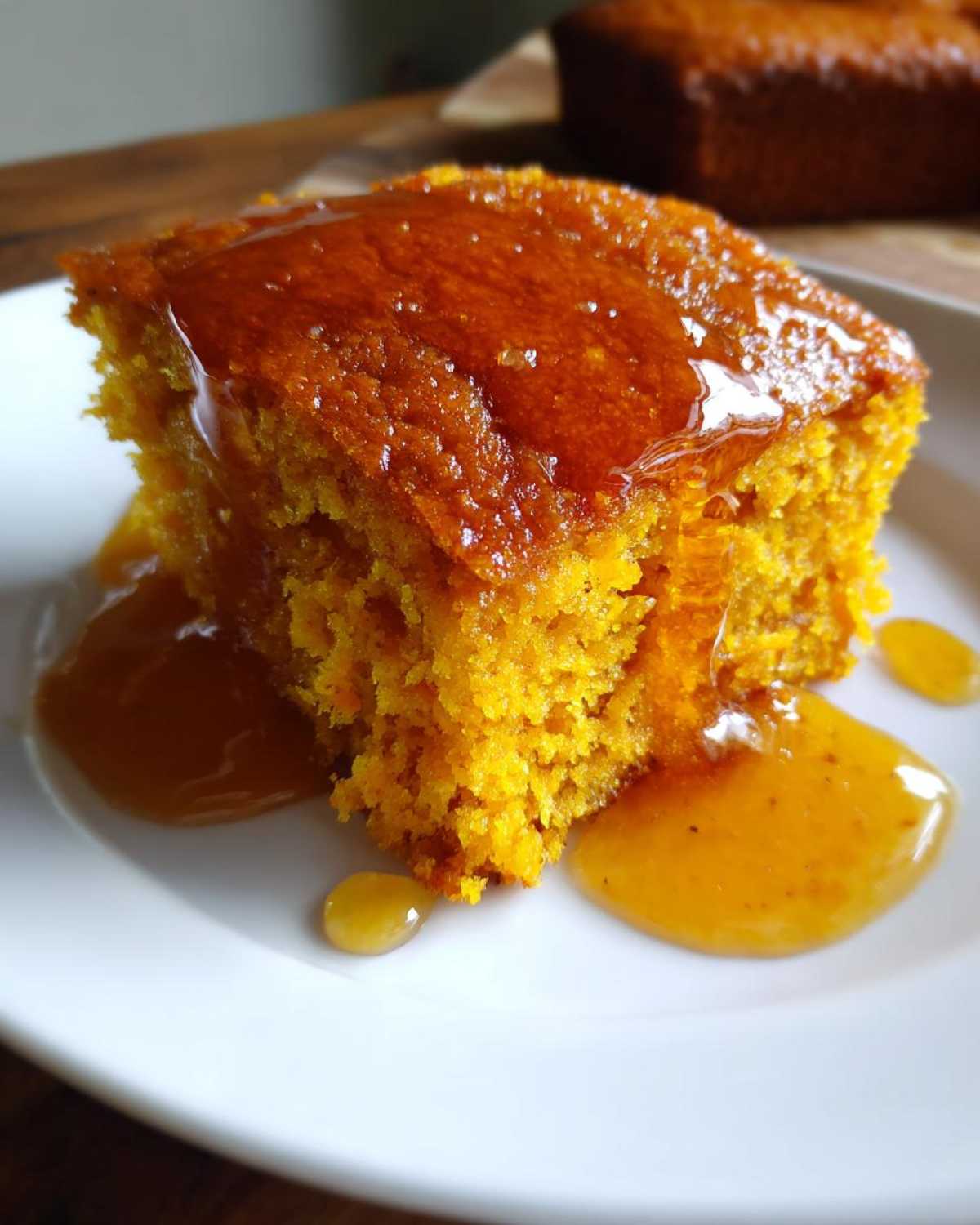 Close-up of a moist slice of sweet potato cornbread topped with a shiny orange glaze.