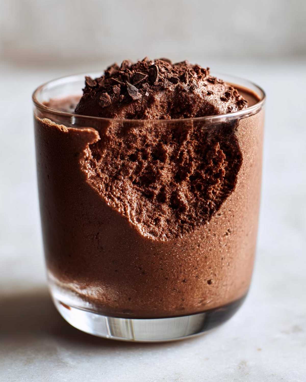 Close-up of airy, rich chocolate mousse served in a clear glass, topped with chocolate shavings.