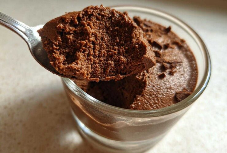 A spoonful of rich, airy chocolate mousse being lifted from a glass cup.