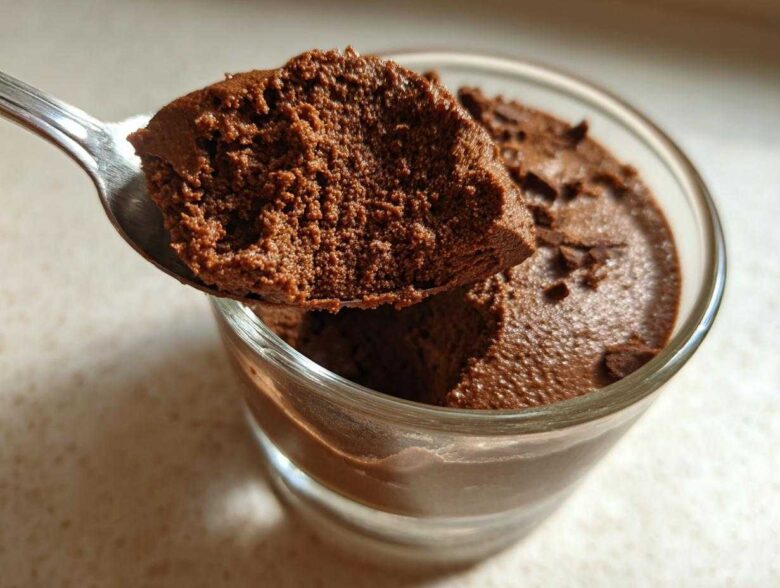A spoonful of rich, airy chocolate mousse being lifted from a glass cup.