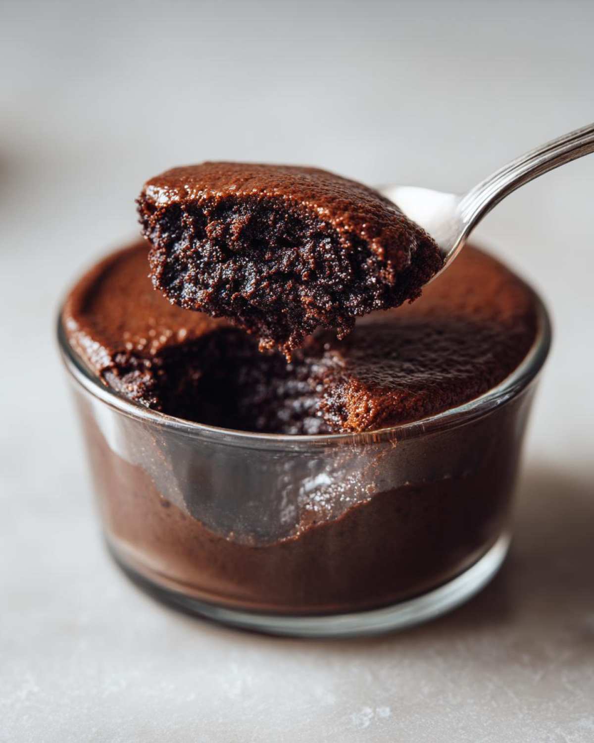 A spoonful of rich, dark chocolate mousse being lifted from a glass ramekin, showing its airy texture.