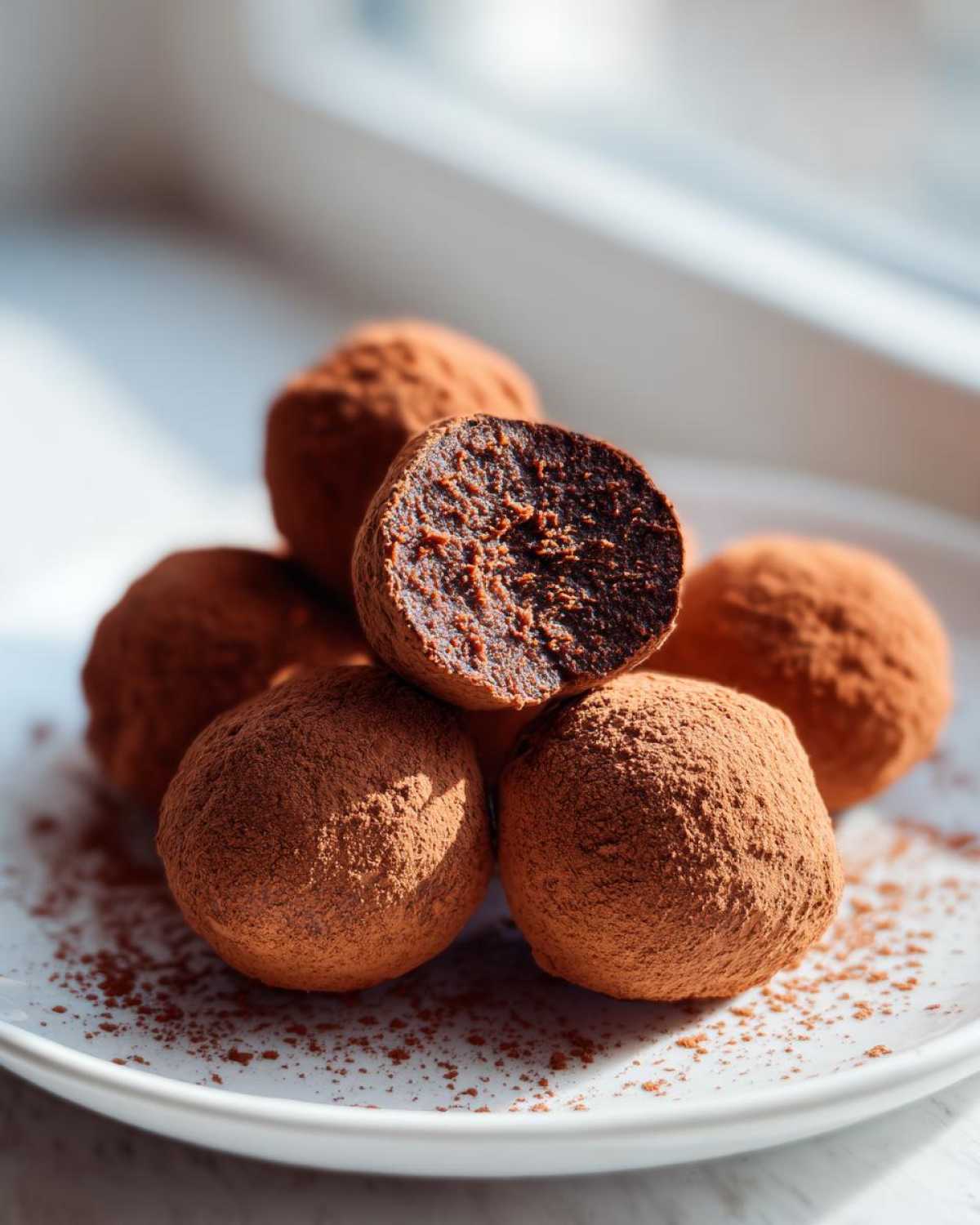 A pile of rich No-Bake Chocolate Orange Truffles dusted heavily with cocoa powder, one cut open to show the dense center.