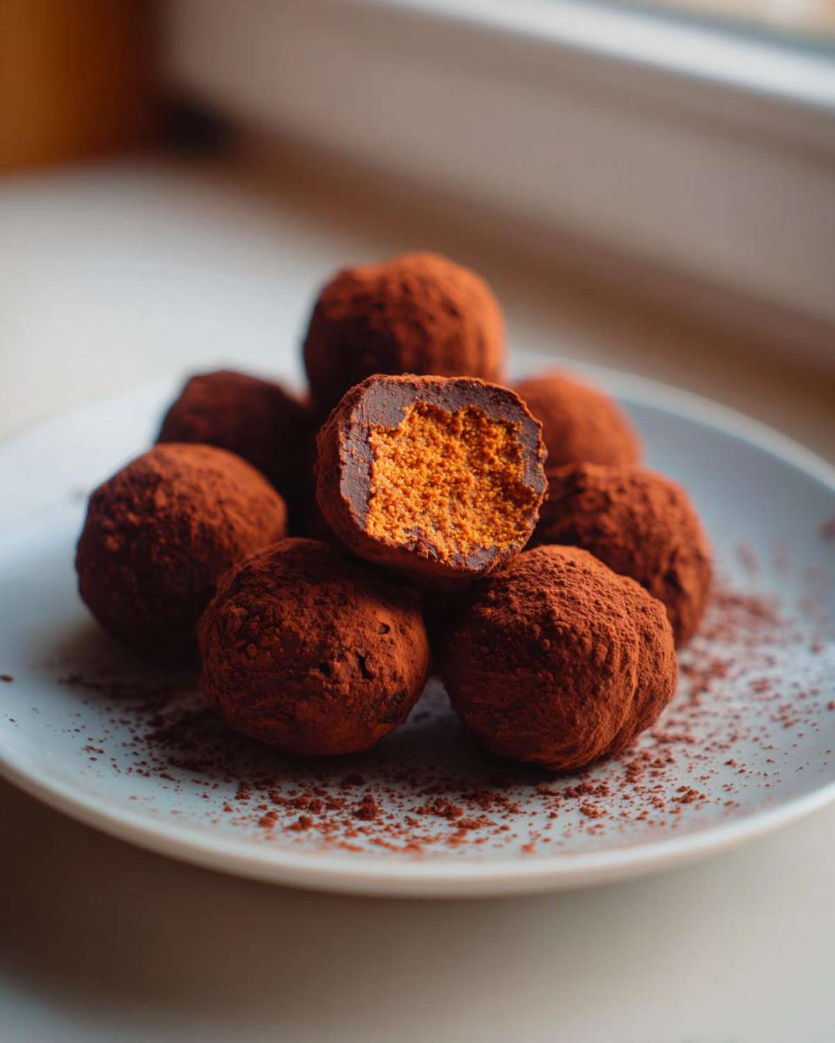 A pile of No-Bake Chocolate Orange Truffles dusted heavily in cocoa powder, one cut open showing the orange interior.