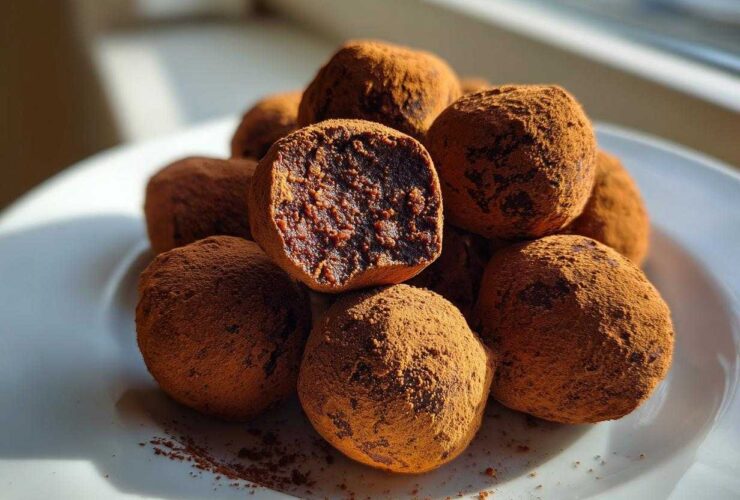 A pile of rich, cocoa-dusted No-Bake Chocolate Orange Truffles, with one cut in half showing the dense interior.