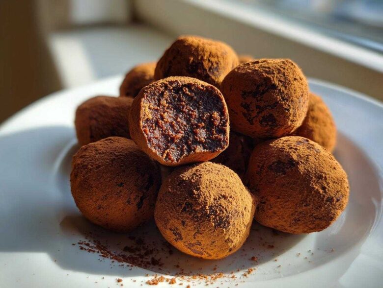 A pile of rich, cocoa-dusted No-Bake Chocolate Orange Truffles, with one cut in half showing the dense interior.