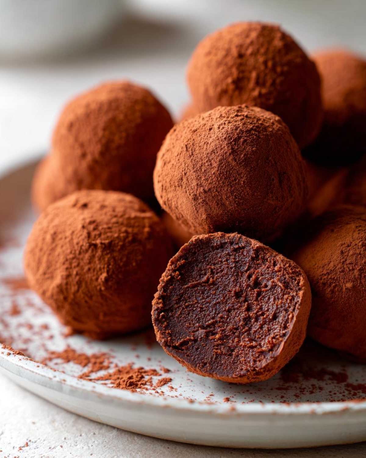 A pile of rich, cocoa-dusted No-Bake Chocolate Orange Truffles, one cut in half showing the dense interior.