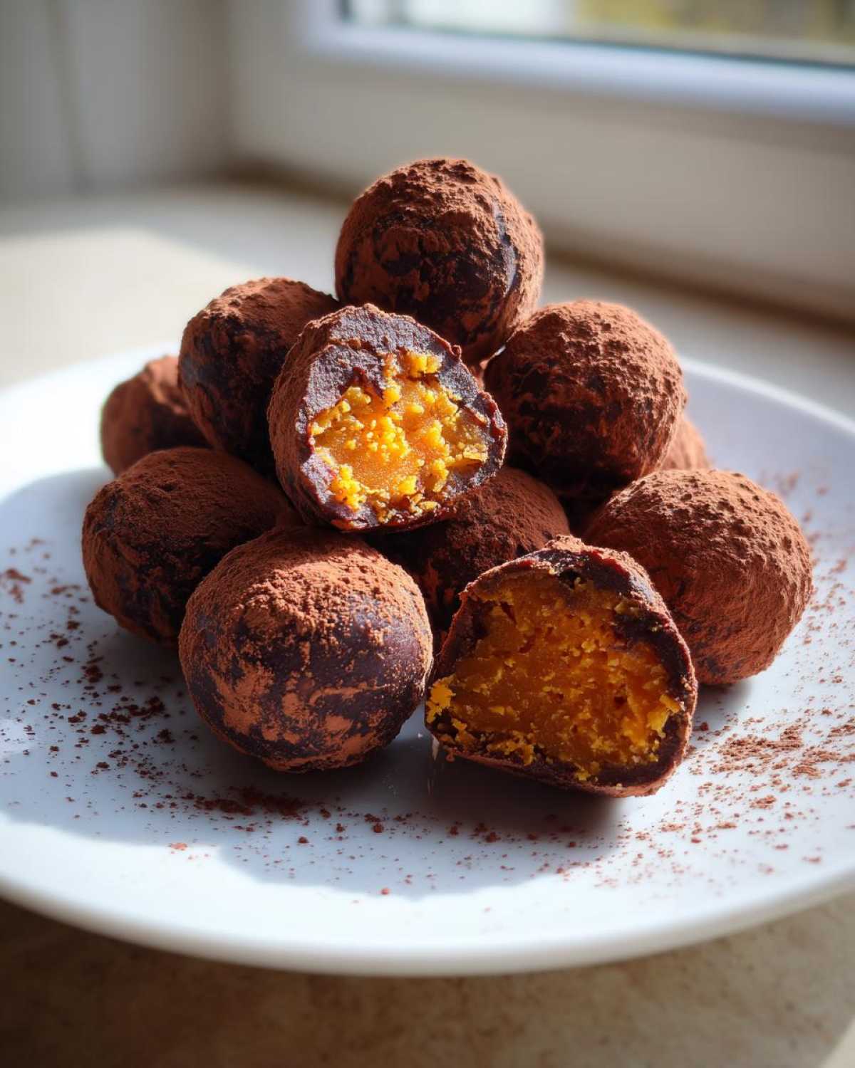 A pile of No-Bake Chocolate Orange Truffles dusted in cocoa powder, with two cut open showing the bright orange filling.