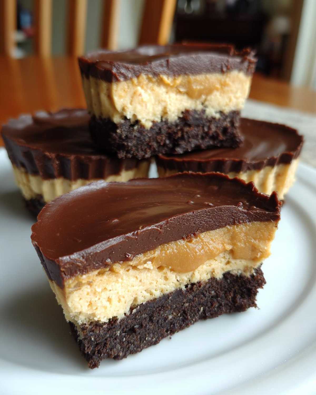 A close-up of a No-Bake Chocolate Peanut Butter Cheesecake Cup cut in half, showing the brownie base, peanut butter filling, and chocolate topping.