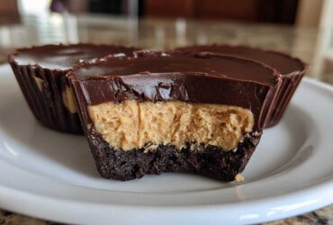 A cross-section view showing the layers of a No-Bake Chocolate Peanut Butter Cheesecake Cup: chocolate crust, peanut butter filling, and chocolate topping.