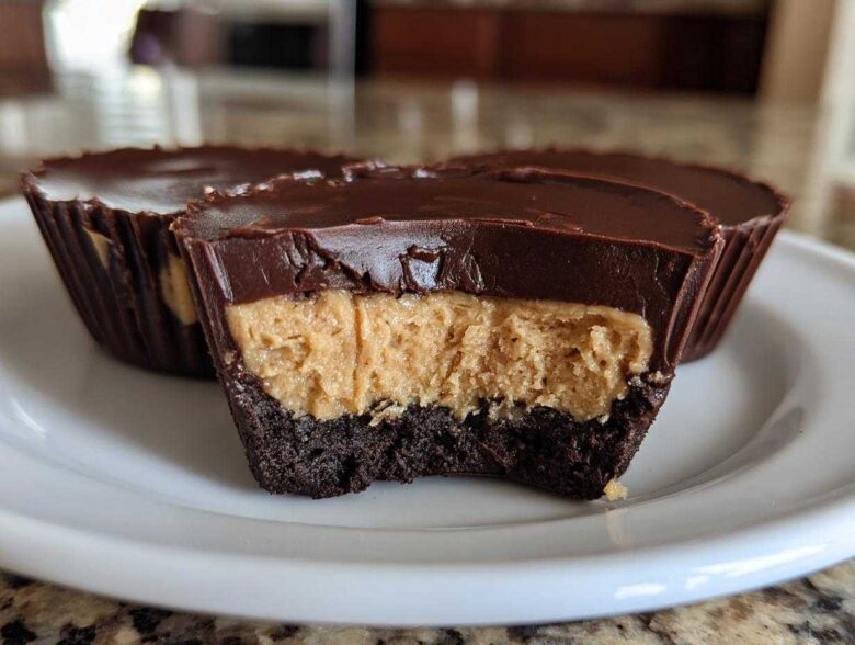 A cross-section view showing the layers of a No-Bake Chocolate Peanut Butter Cheesecake Cup: chocolate crust, peanut butter filling, and chocolate topping.