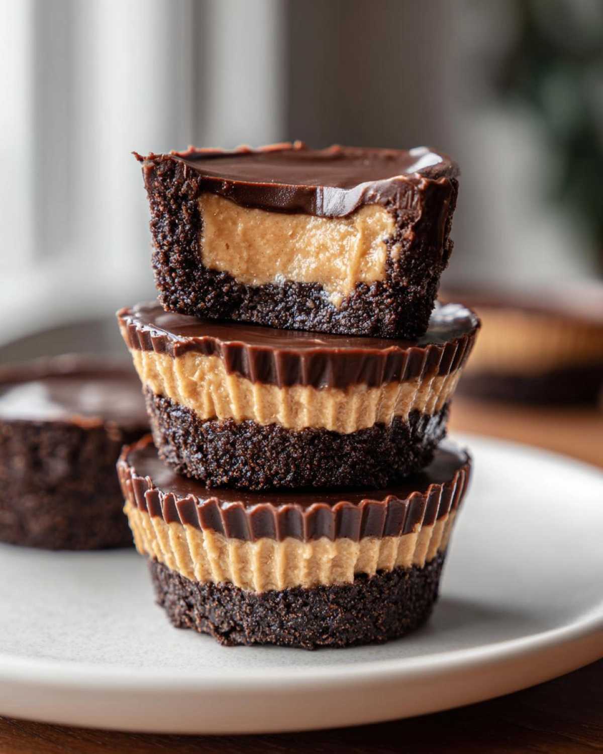 Three stacked No-Bake Chocolate Peanut Butter Cheesecake Cups showing dark crust, peanut butter filling, and chocolate topping.