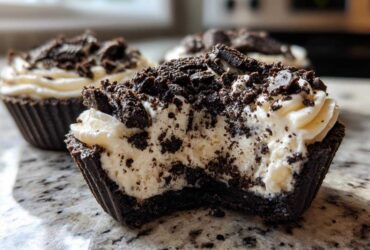 A close-up view of a No-Bake Cookies and Cream Pie Cup with a bite taken out, showing the creamy filling and chocolate cookie crust.
