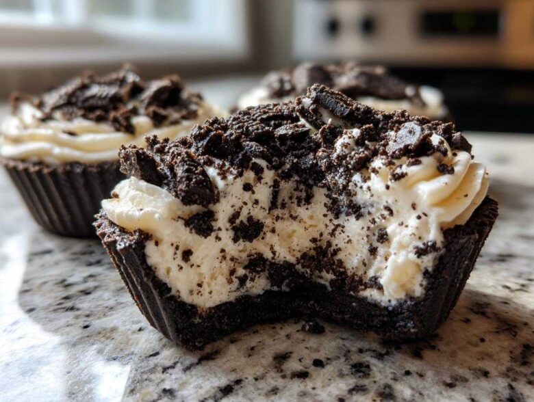 A close-up view of a No-Bake Cookies and Cream Pie Cup with a bite taken out, showing the creamy filling and chocolate cookie crust.