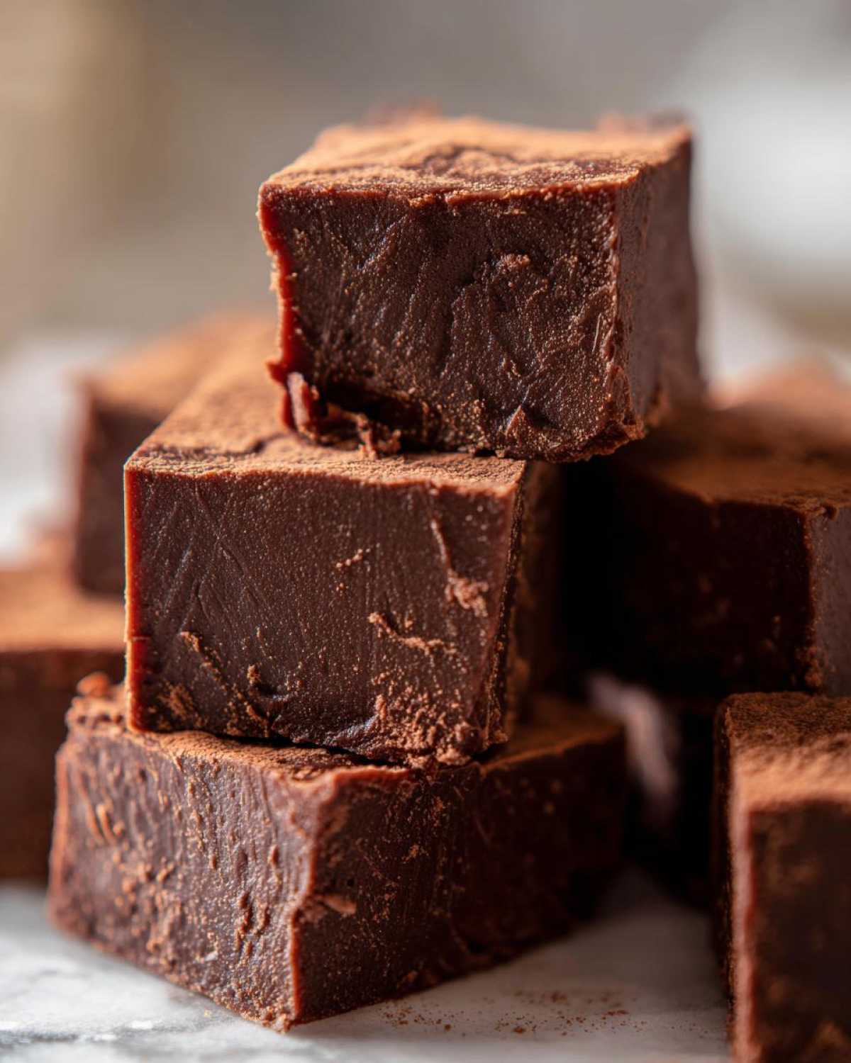 Close-up of stacked No-Bake Espresso Chocolate Fudge Squares dusted with cocoa powder.