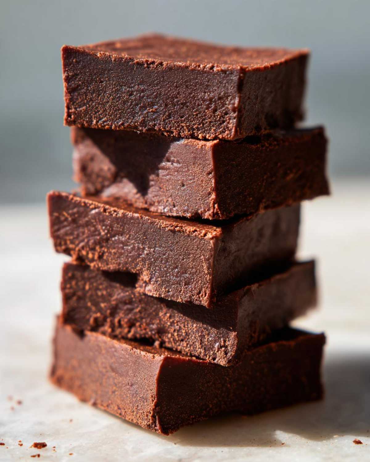 A vertical stack of five rich, dark No-Bake Espresso Chocolate Fudge Squares on a light surface.