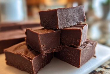 A stack of rich, dark No-Bake Espresso Chocolate Fudge Squares on a white cutting board.