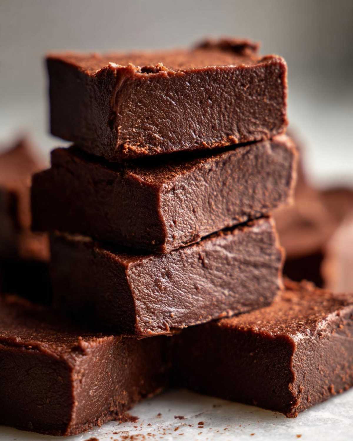 Close-up of a stack of rich, dark No-Bake Espresso Chocolate Fudge Squares dusted with cocoa powder.