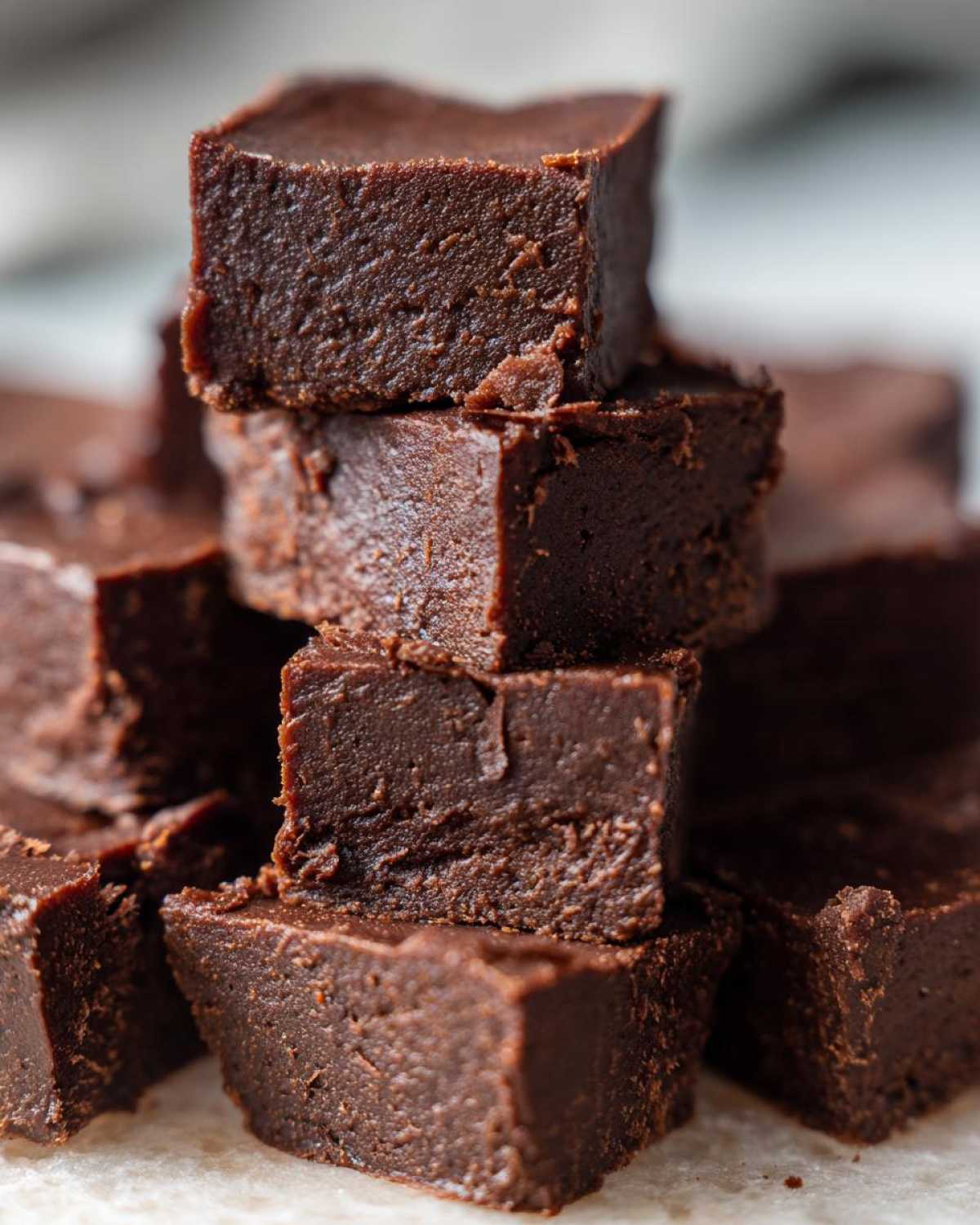 A close-up stack of rich, dark brown No-Bake Espresso Chocolate Fudge Squares showing a dense, smooth texture.