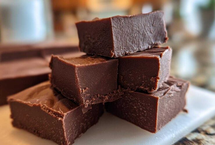 A stack of rich, dark No-Bake Espresso Chocolate Fudge Squares on a white cutting board.