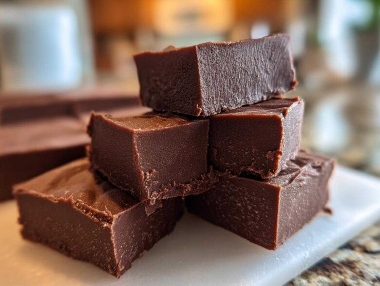 A stack of rich, dark No-Bake Espresso Chocolate Fudge Squares on a white cutting board.