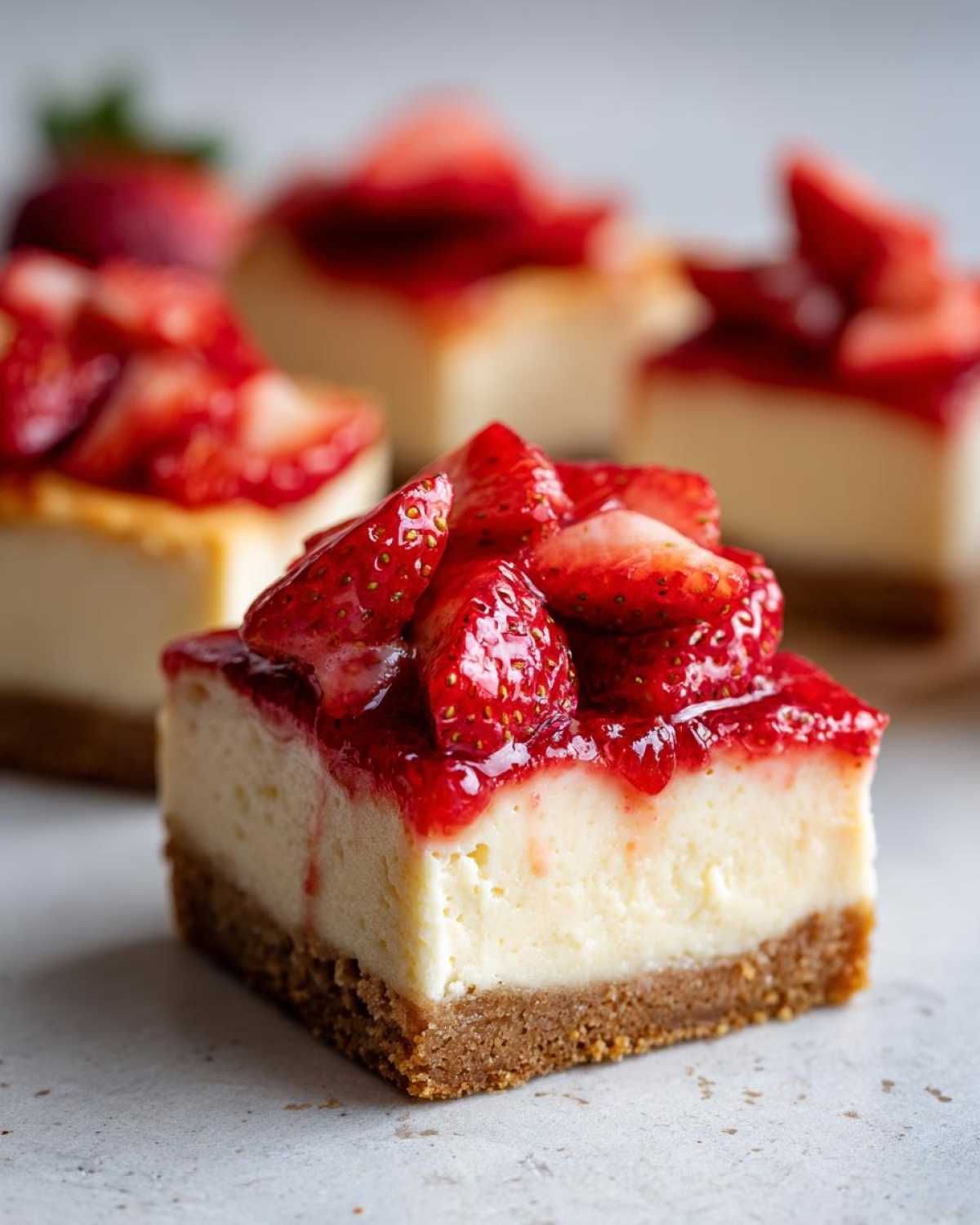A close-up of one square of No-Bake Strawberry Lemon Cheesecake Bars with a thick graham cracker crust and topped with fresh strawberries.