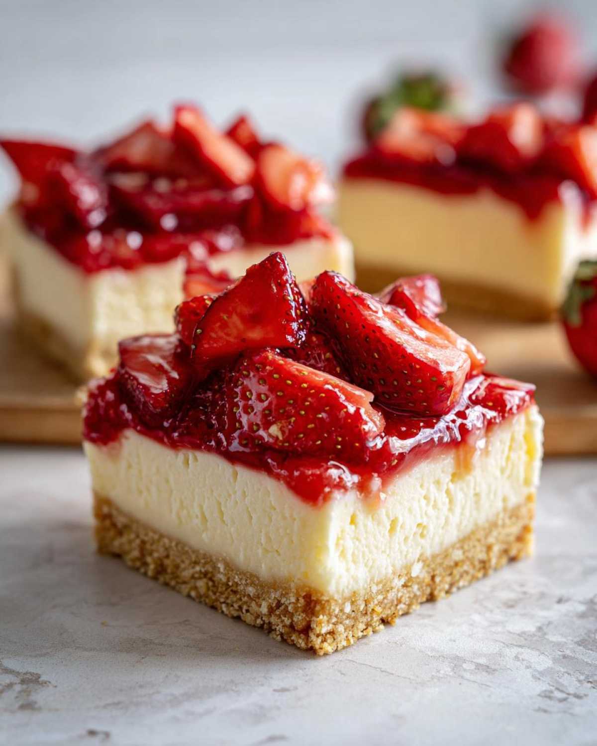 Close-up of a square slice of No-Bake Strawberry Lemon Cheesecake Bars with a graham cracker crust and strawberry topping.