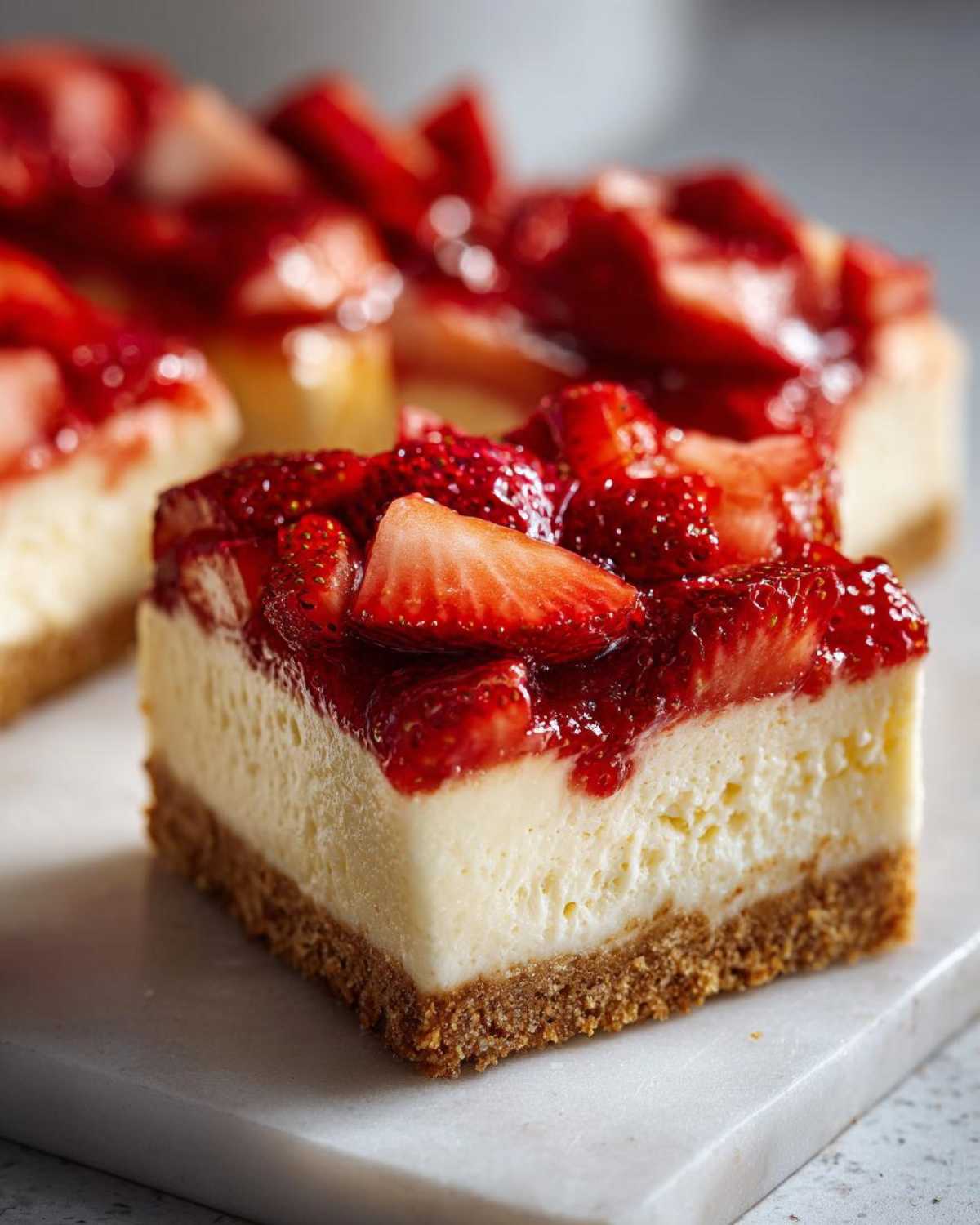 Close-up of a thick slice of No-Bake Strawberry Lemon Cheesecake Bars with a graham cracker crust and strawberry topping.