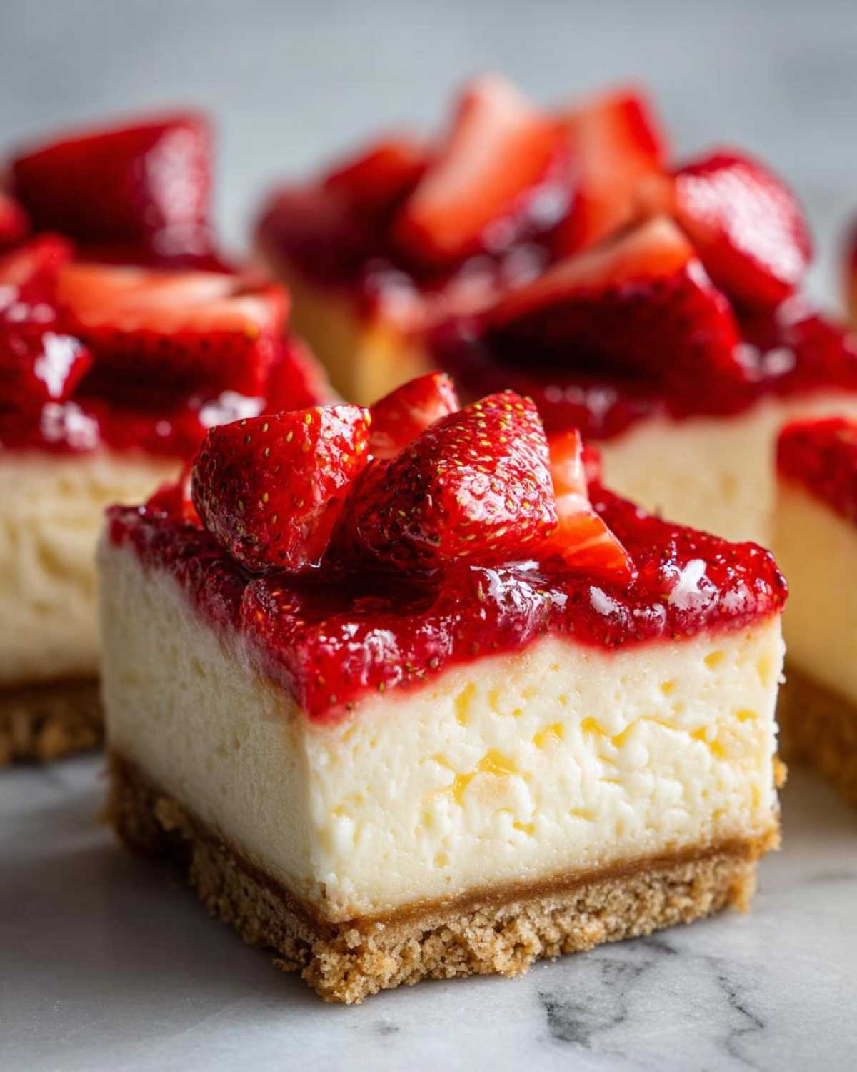 A close-up of a single square of No-Bake Strawberry Lemon Cheesecake Bars with a thick graham cracker crust and strawberry topping.