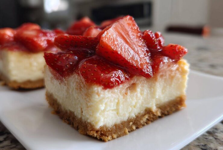 Close-up of a thick slice of No-Bake Strawberry Lemon Cheesecake Bars with a graham cracker crust and fresh strawberry topping.