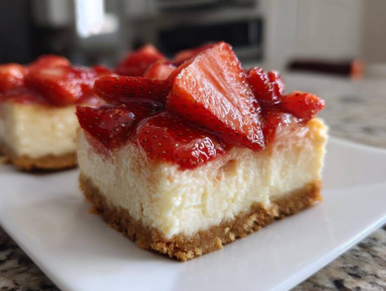 Close-up of a thick slice of No-Bake Strawberry Lemon Cheesecake Bars with a graham cracker crust and fresh strawberry topping.