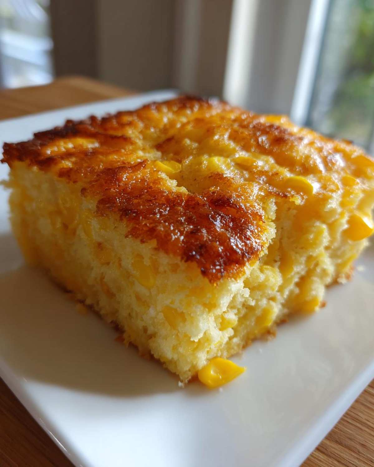 Close-up of a square slice of moist, golden corn casserole with visible kernels of corn.