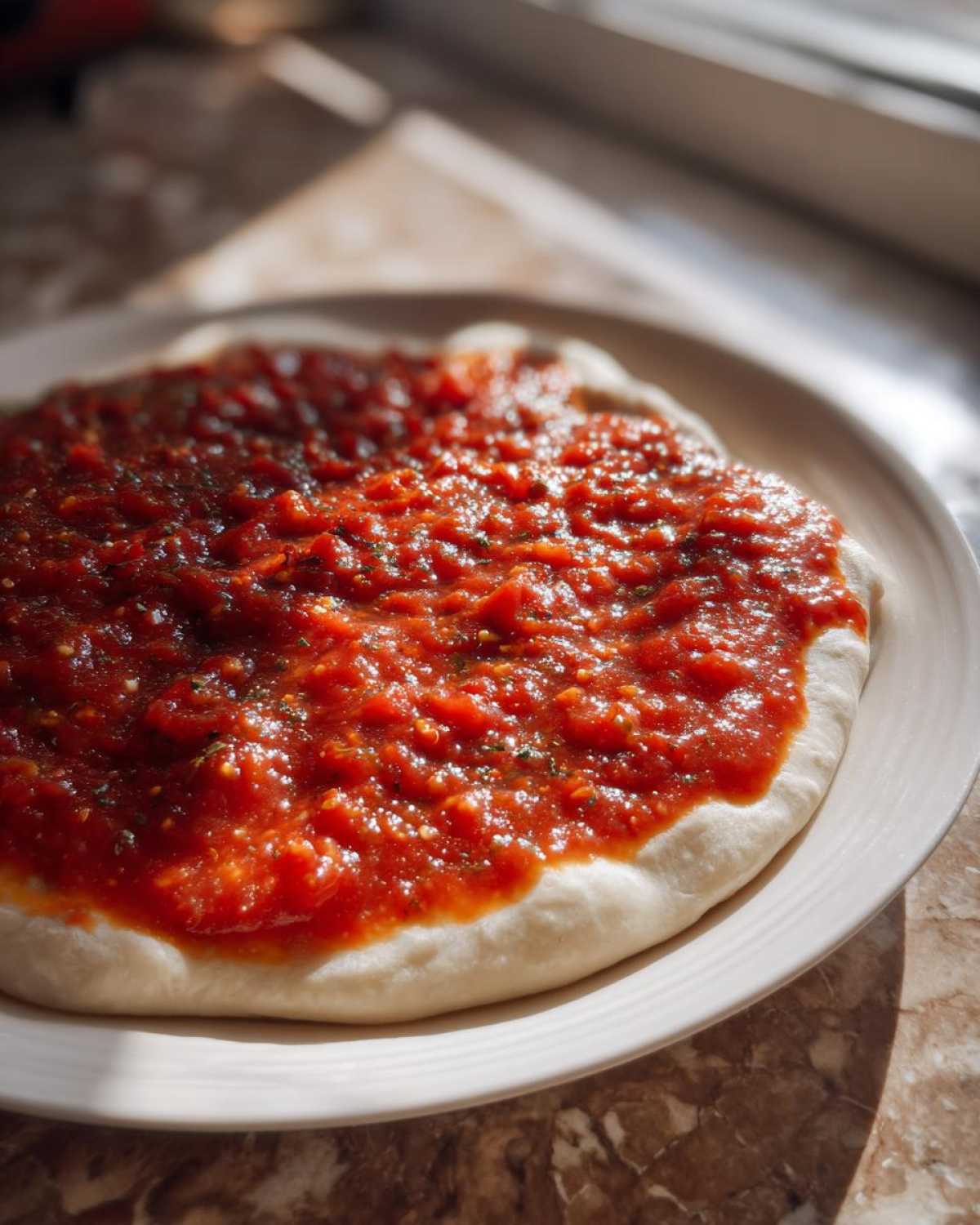 Raw pizza dough spread with vibrant red, chunky pizza sauce on a white plate.