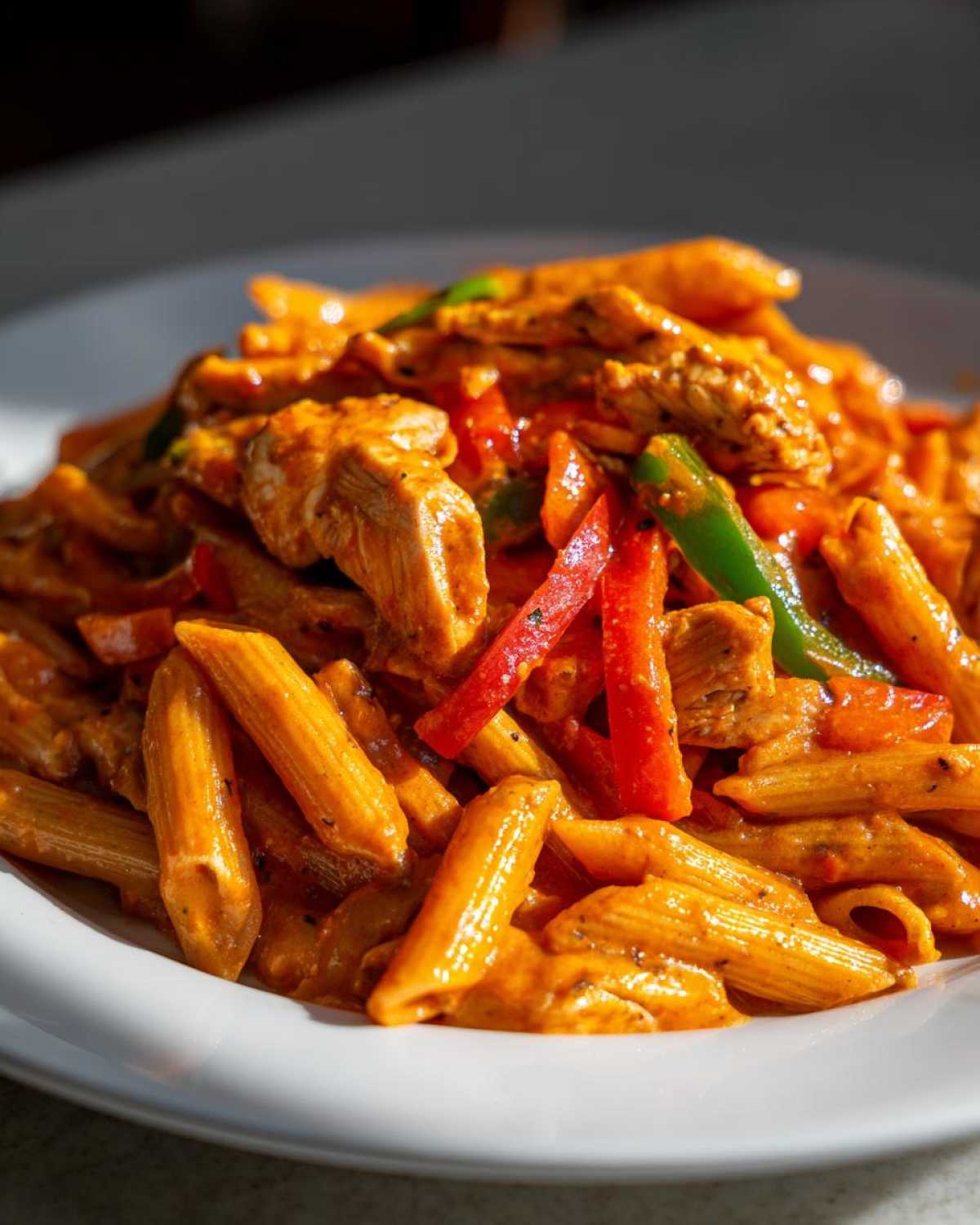 A close-up shot of a serving of vibrant Rasta Pasta featuring penne, chicken pieces, and strips of red and green bell peppers in a creamy orange sauce.