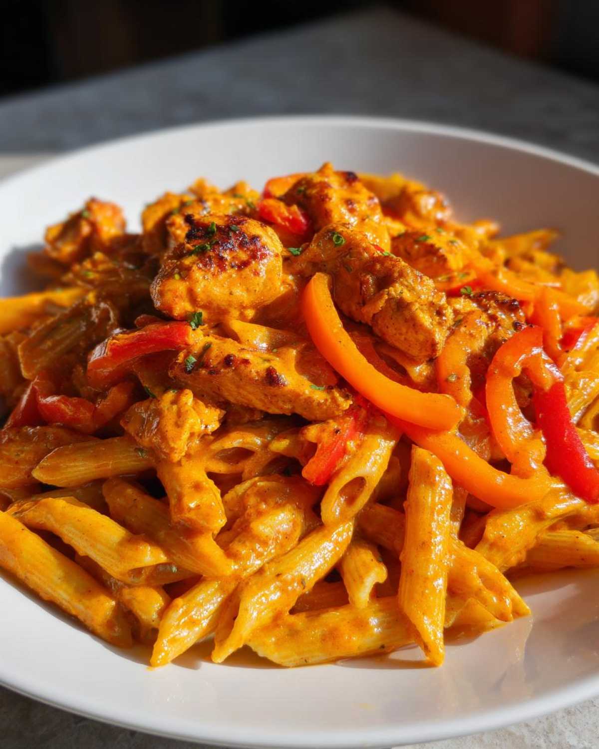A close-up of a white bowl filled with vibrant orange Rasta Pasta tossed in a creamy sauce with pieces of seasoned chicken and sliced bell peppers.