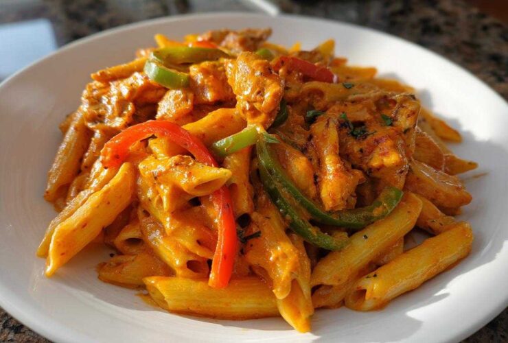 A close-up shot of a serving of vibrant Rasta Pasta featuring penne noodles, chicken pieces, and colorful bell peppers in a creamy sauce.