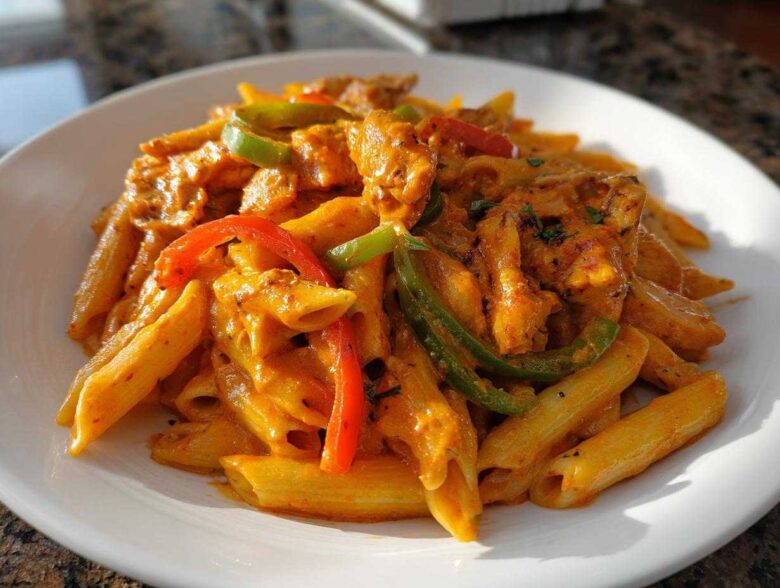 A close-up shot of a serving of vibrant Rasta Pasta featuring penne noodles, chicken pieces, and colorful bell peppers in a creamy sauce.