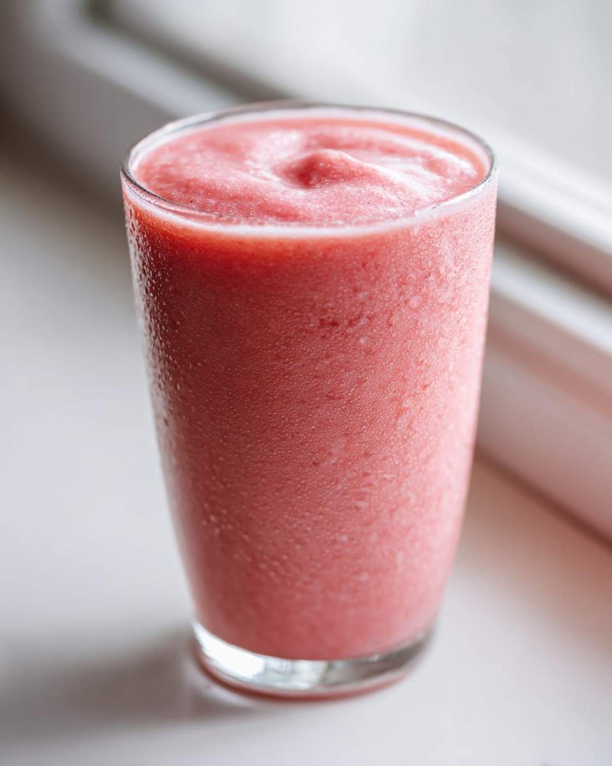 A tall glass filled with a thick, icy pink watermelon smoothie, showing condensation on the outside.
