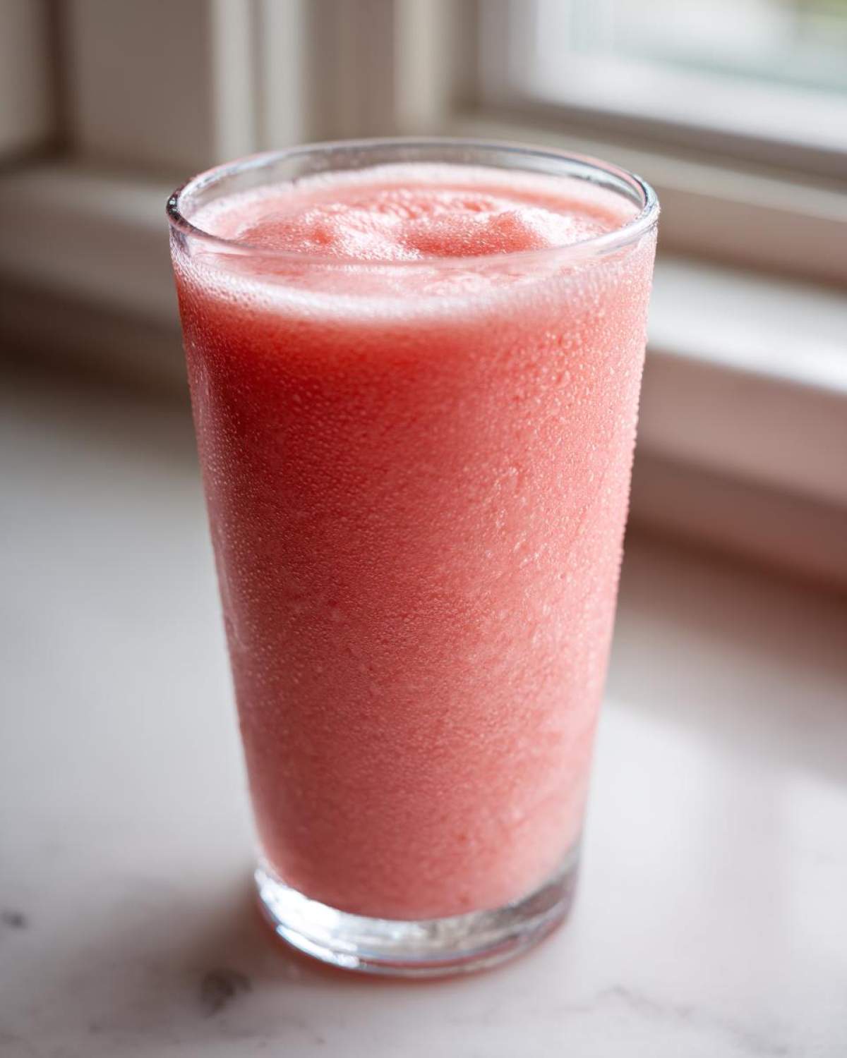 A tall glass filled with a frosty, pink watermelon smoothie, showing condensation on the outside.